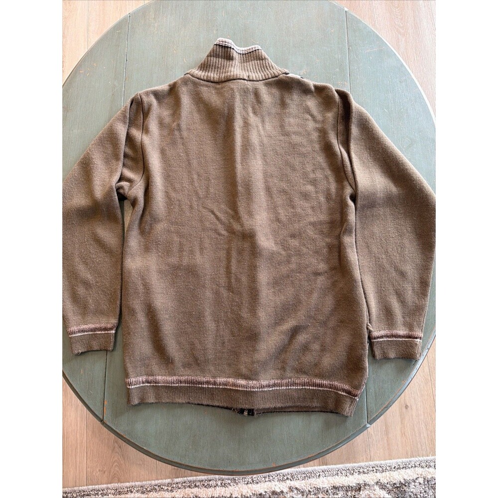 Vtg Domex Geometric Knit Full Zip Sweater Jacket Mock Neck Brown Olive Size 40 - Picture 8 of 8
